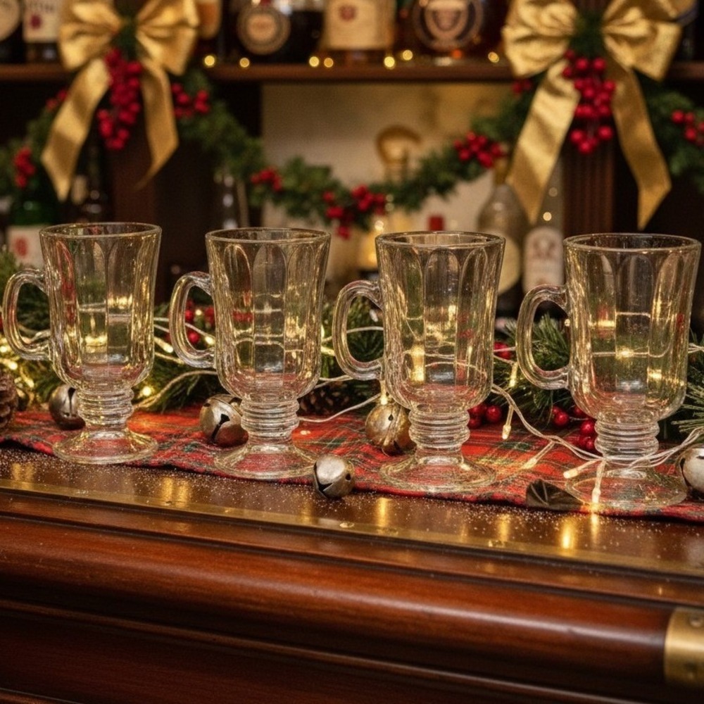 Libbey Pedestal Irish Coffee Mugs, Set of 4, Vintage Optic Design, Drinkware